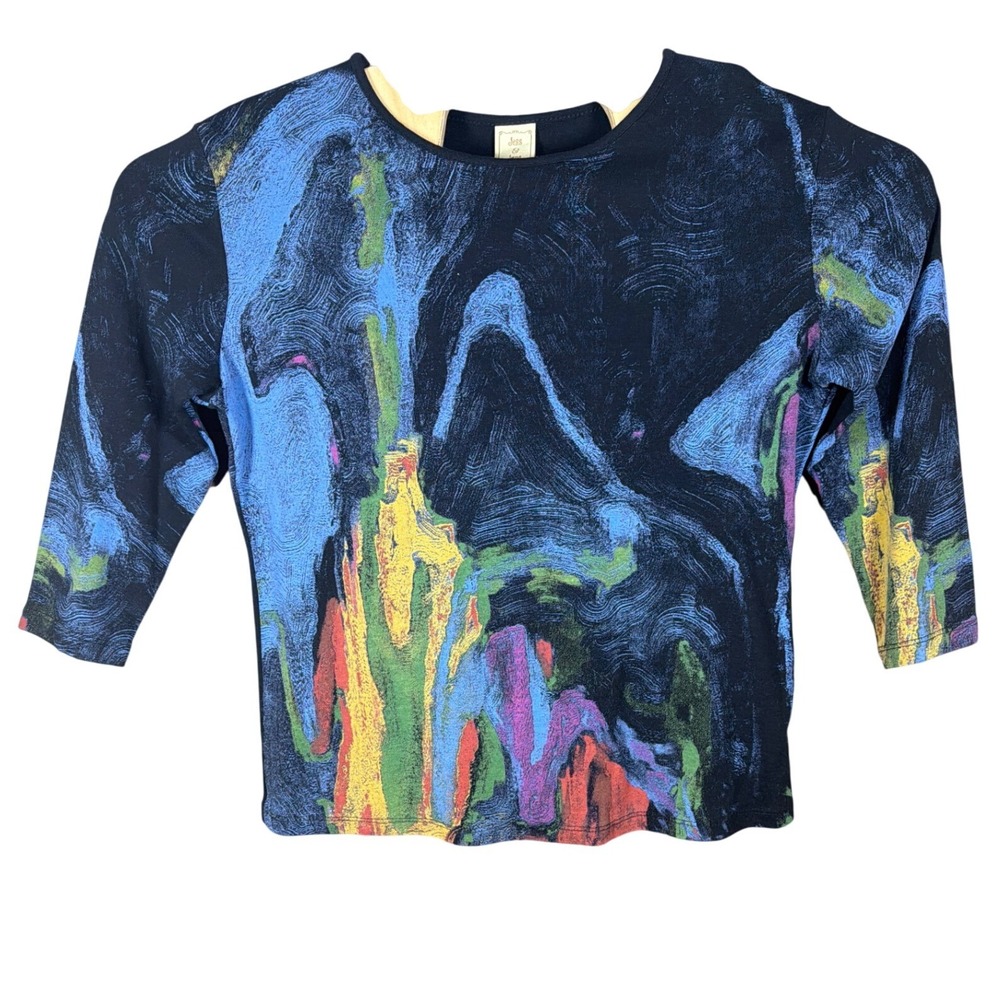 Jess & Jane Womens 3/4 Sleeve Abstract Painterly Print Knit Top Navy Multicolor